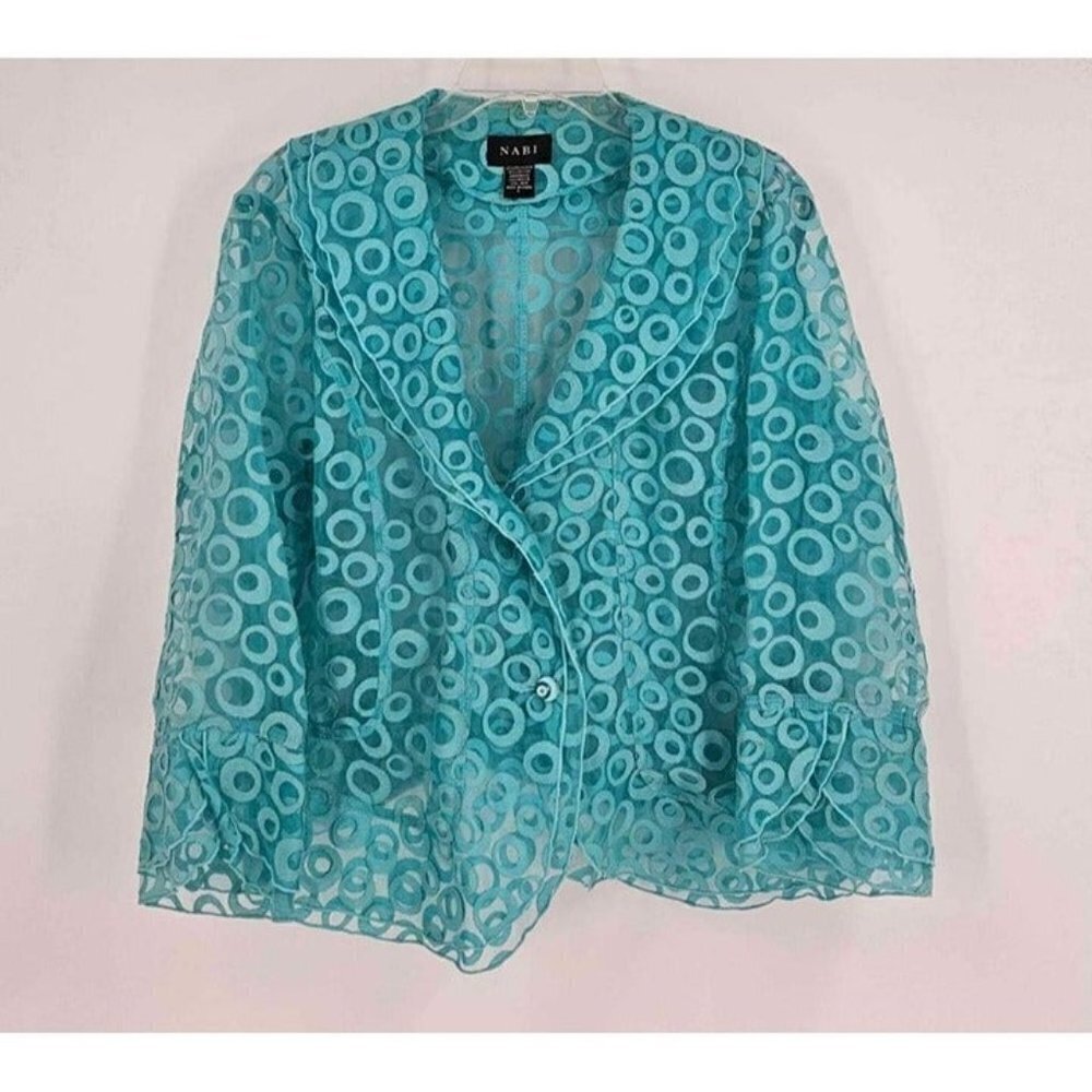 NABI Turquoise Semi Sheer 2 Button Circle Design Ruffle Wrist Cropped Jacket L